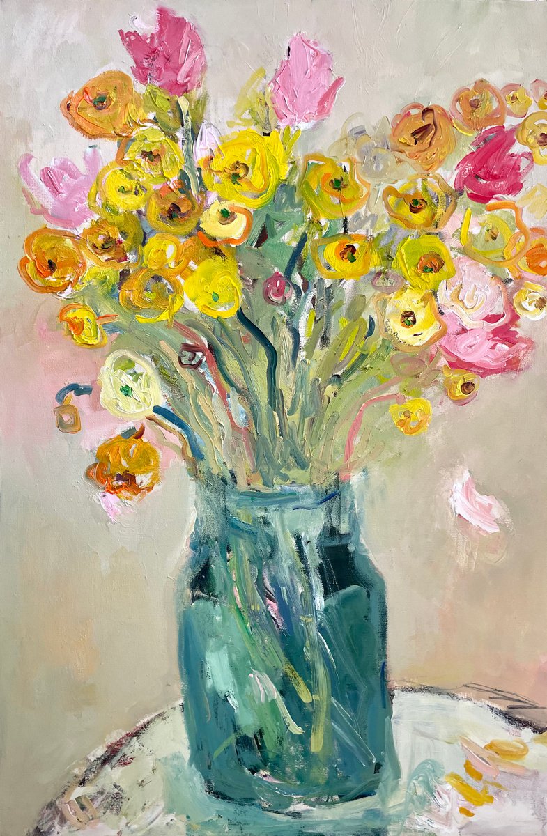 Ranunculus in a glass vase by Lilia Orlova-Holmes