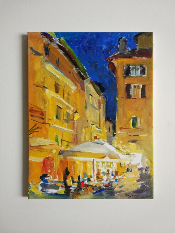 Evening cafe Streets of Rome Italian holiday series.  Original plein air oil painting .