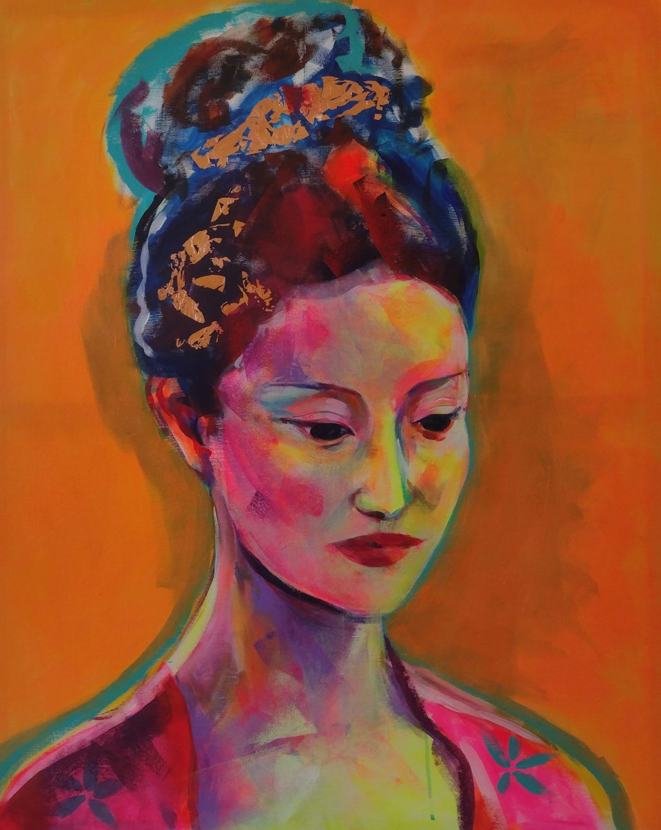 Expressive Portrait Acrylic Painting By Marina Del Pozo, 32 X 39", Orange, Original Artwork