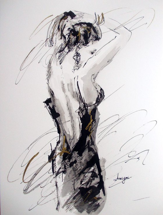 Figurative  Drawing  On Paper-Study for Black Dress- Woman Series Ink Drawings