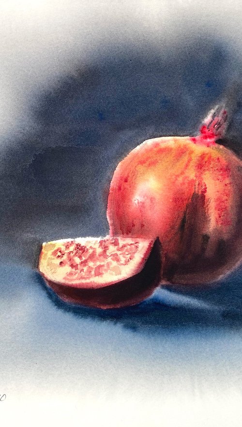 Pomegranates, 26х37,5cm watercolor, red, still life, gift, medium size by Irina Povaliaeva