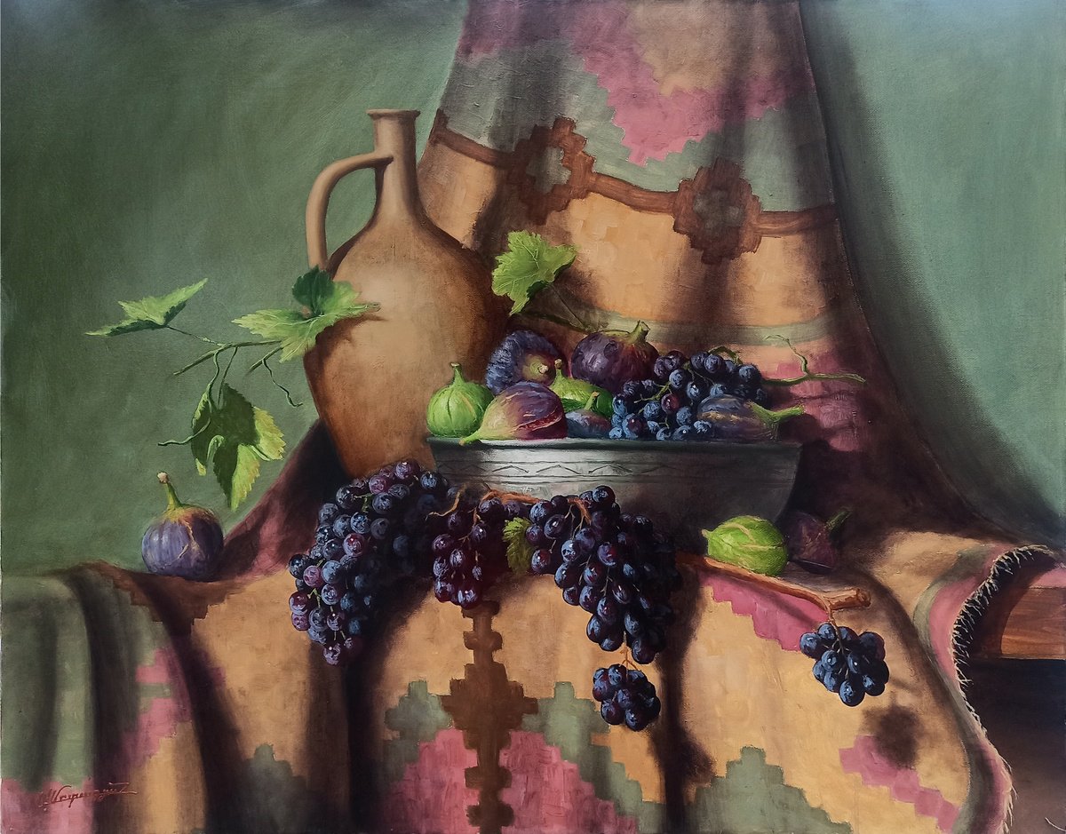 Photorealistic Still Life Oil Painting By Arayik Muradyan, 35 X 28, Still Life With Grapes And Figs, Original Artwork