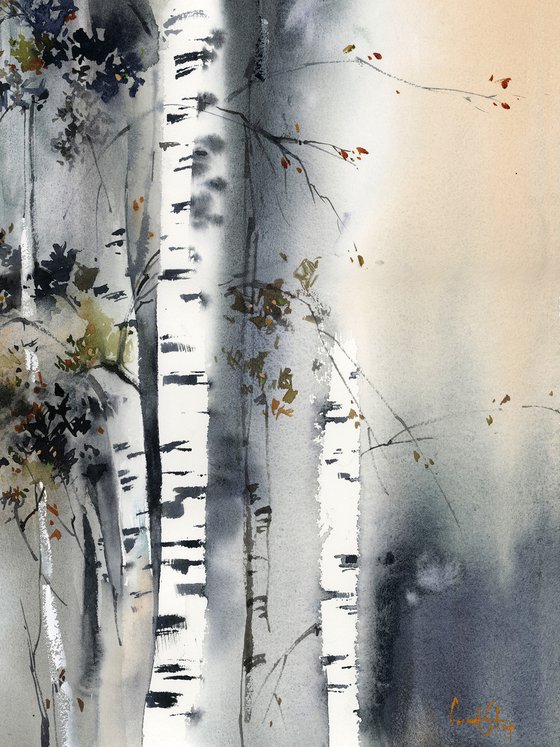 Birch Forest Landscape Nature Watercolor Painting, Trees Painting