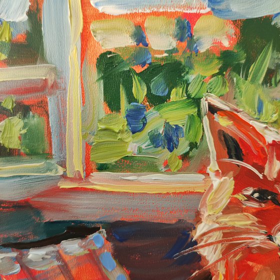 Fox Tea Time. Oil Painting