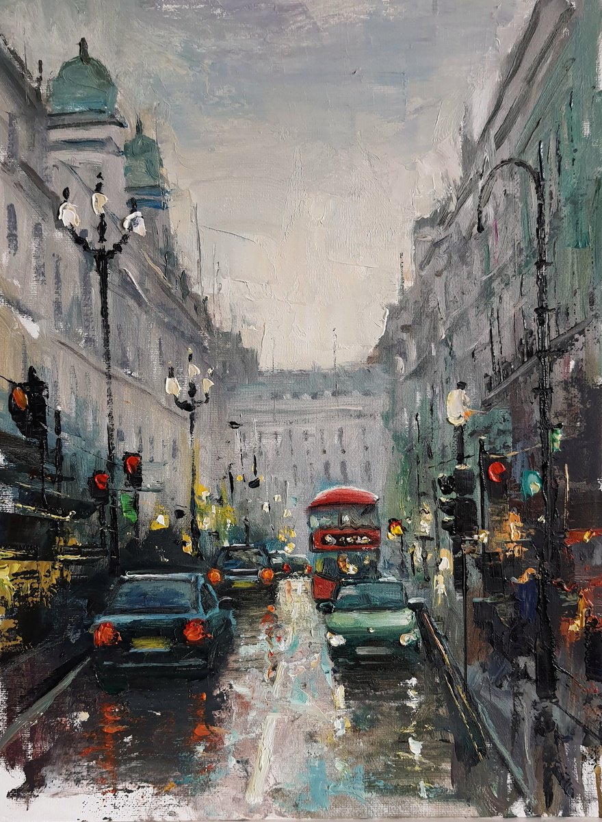 Impressionistic Cityscapes Oil Painting By Roberto Ponte, 11 X 14", London Regent Street, Original Artwork