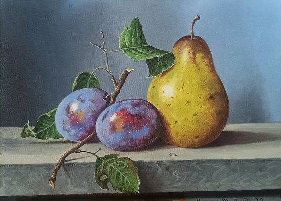 Still life plums and pear (40x30cm, oil painting, ready to hang)
