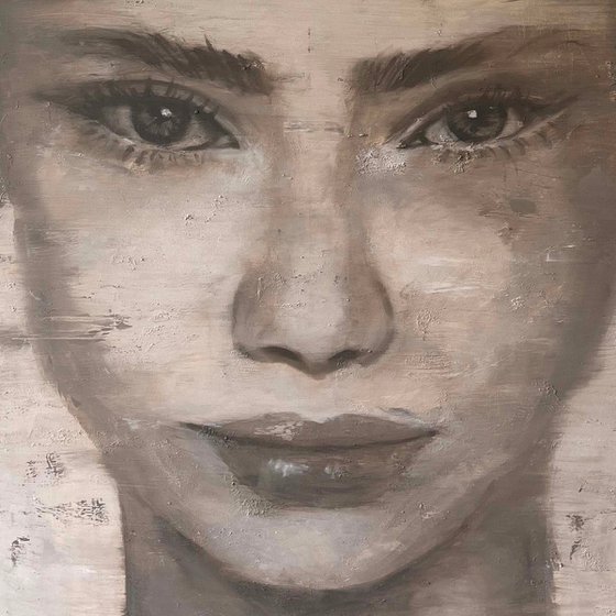 Beige portrait female model contemporary portrait large painting oil on canvas ready to hang Painting by RK H