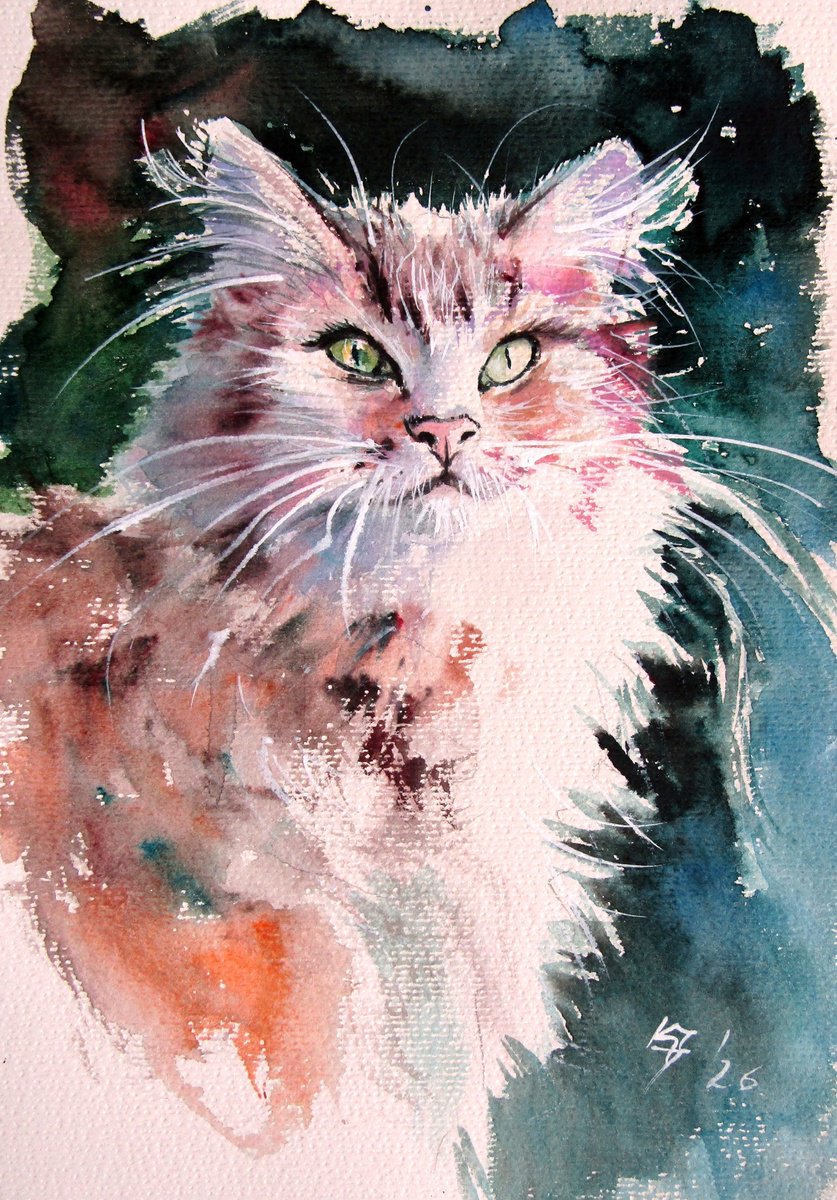 Impressionistic Watercolour , Cat By Kovacs Anna Brigitta, 7 X 11, Artwork For Sale On Artfinder