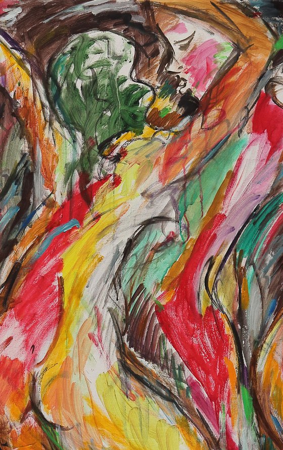 BATHERS - erotic nude art, large expressive red fire coloured, love orgy sex abstract painting