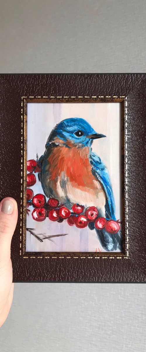 Bluebird painting mini art framed 14.5x20cm by Leysan Khasanova