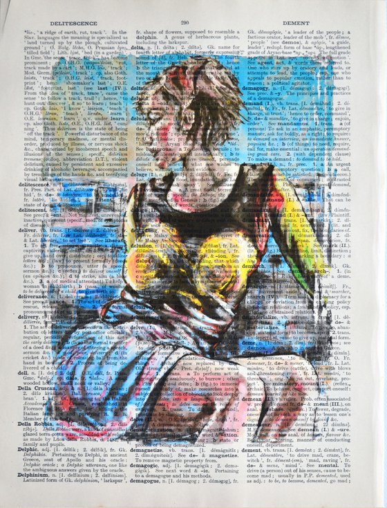 Blue Room - Collage Art on Large Real English Dictionary Vintage Book Page