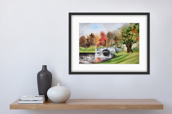 Pavlovsk. Autumn landscape with a bridge.