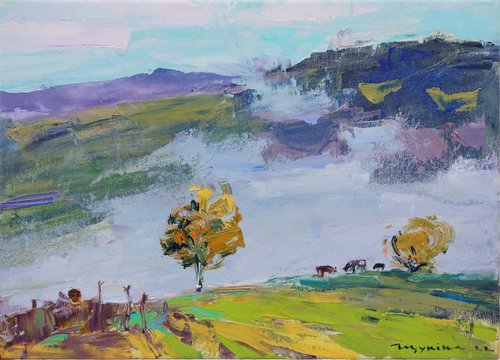 In the mountains | Sunny meadow and morning mist | Cows | Moments of autumn | Original oil painting by Helen Shukina
