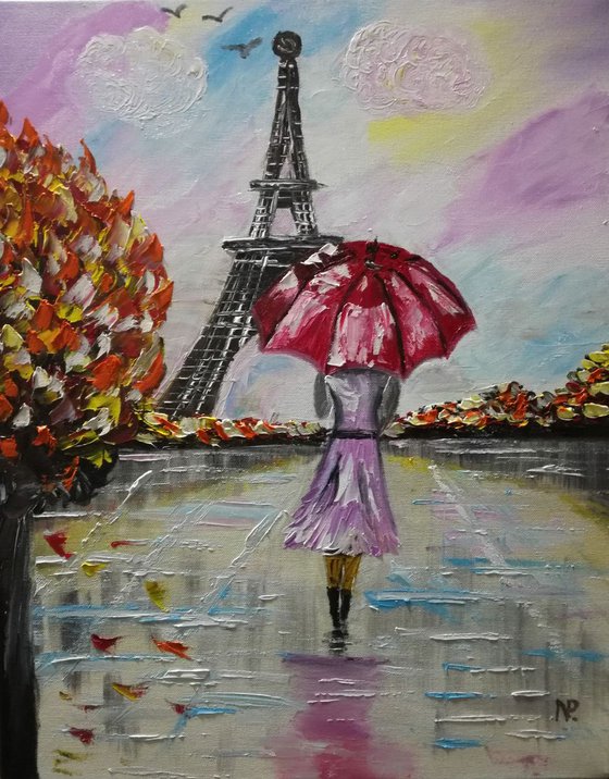 Love in Paris, Girl, umbrella, Urban, City, Autumn, Original, Palette knife