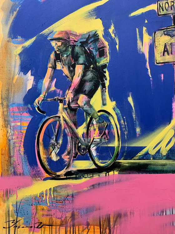 Bright big painting - "Young cyclist" - Urban Art - Pop Art - Bicycle - Street Art - City - Blue - Street scene