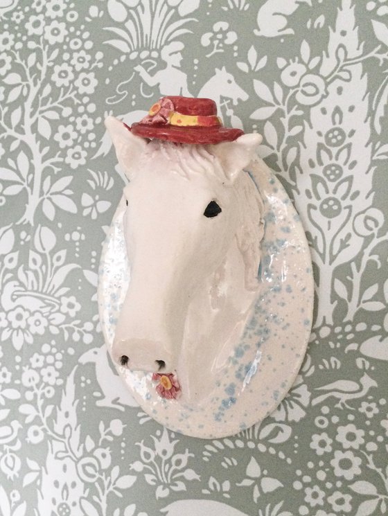 White horse with hat, Miss Daisy