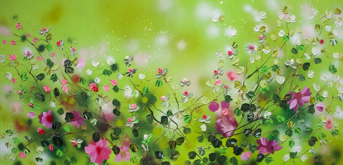 Abstract Landscape Acrylic Painting By Anastassia Skopp, 65 X 31, Green Flowers, Original Artwork
