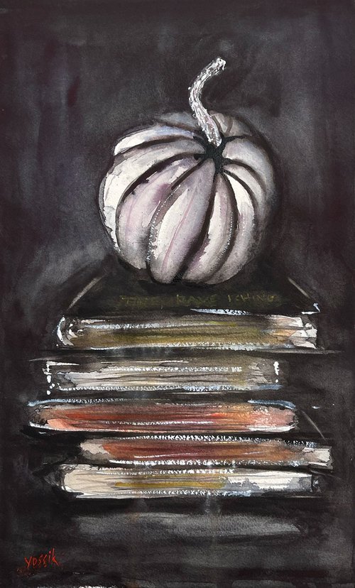 pumpkin on a pile of books by Yossi Kotler