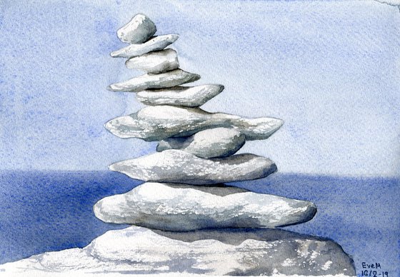 Pyramid of stones. Original watercolor artwork.