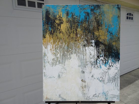 FREE FLOW. Teal, Blue, Gold, Beige Contemporary Abstract Painting with Texture