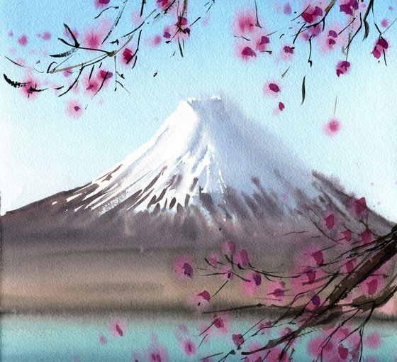 Sakura blossom original watercolor painting, spring artwork  pink flowers medium size gift idea