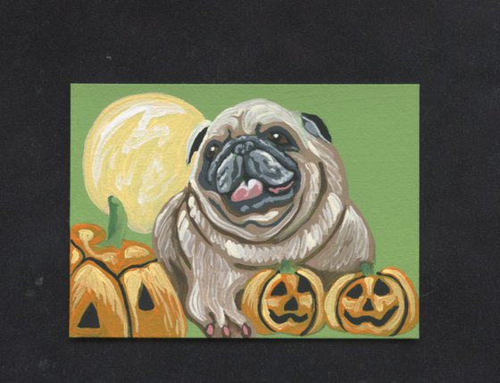 ACEO ATC Original Miniature Painting Halloween Pug Dog Pumpkin Art-Carla Smale