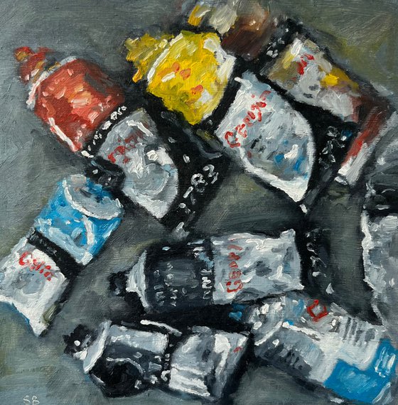 Oil paint tubes still life.