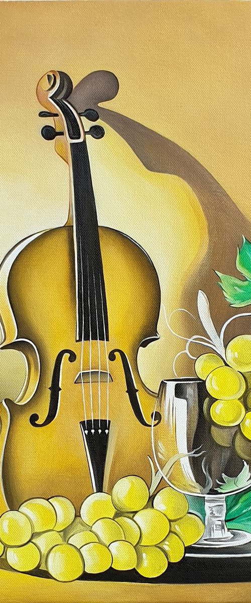 STILL LIFE WITH VIOLIN AND GRAPES, ORIGINAL OIL ON CANVAS PAINTING by Josip Barać