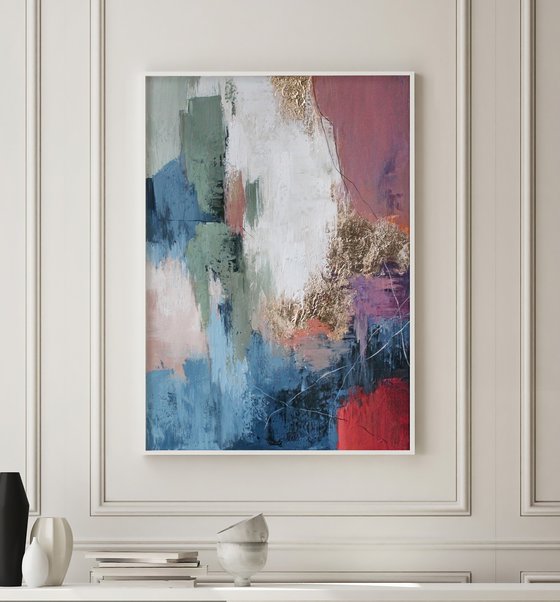 "Pink Brume" Pink blue gold abstract art