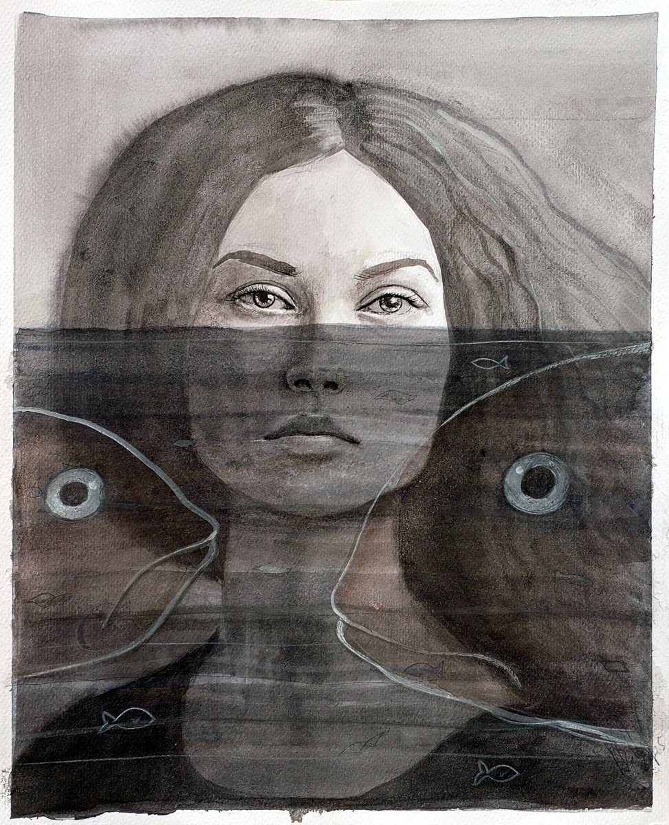 Illustrative Portrait Pastel Drawing By Paolo Beneforti, 9 X 12", Woman With Fish, Original Artwork