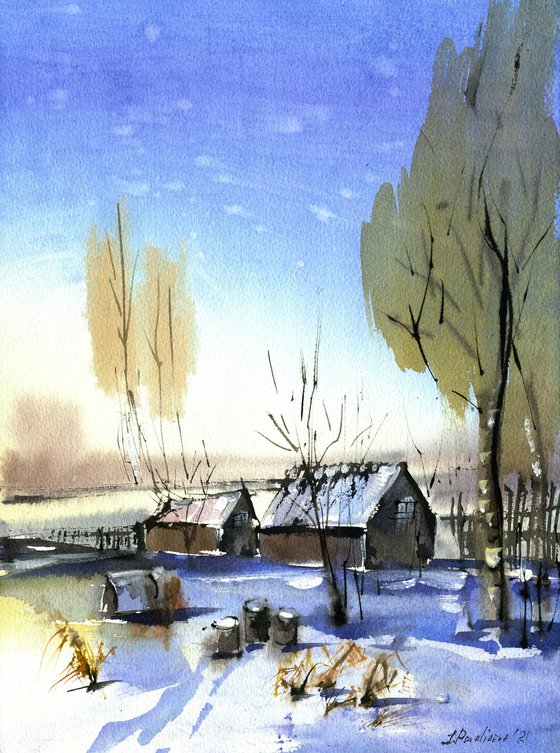 Winter sunset in the countryside original watercolor painting, snowy landscape