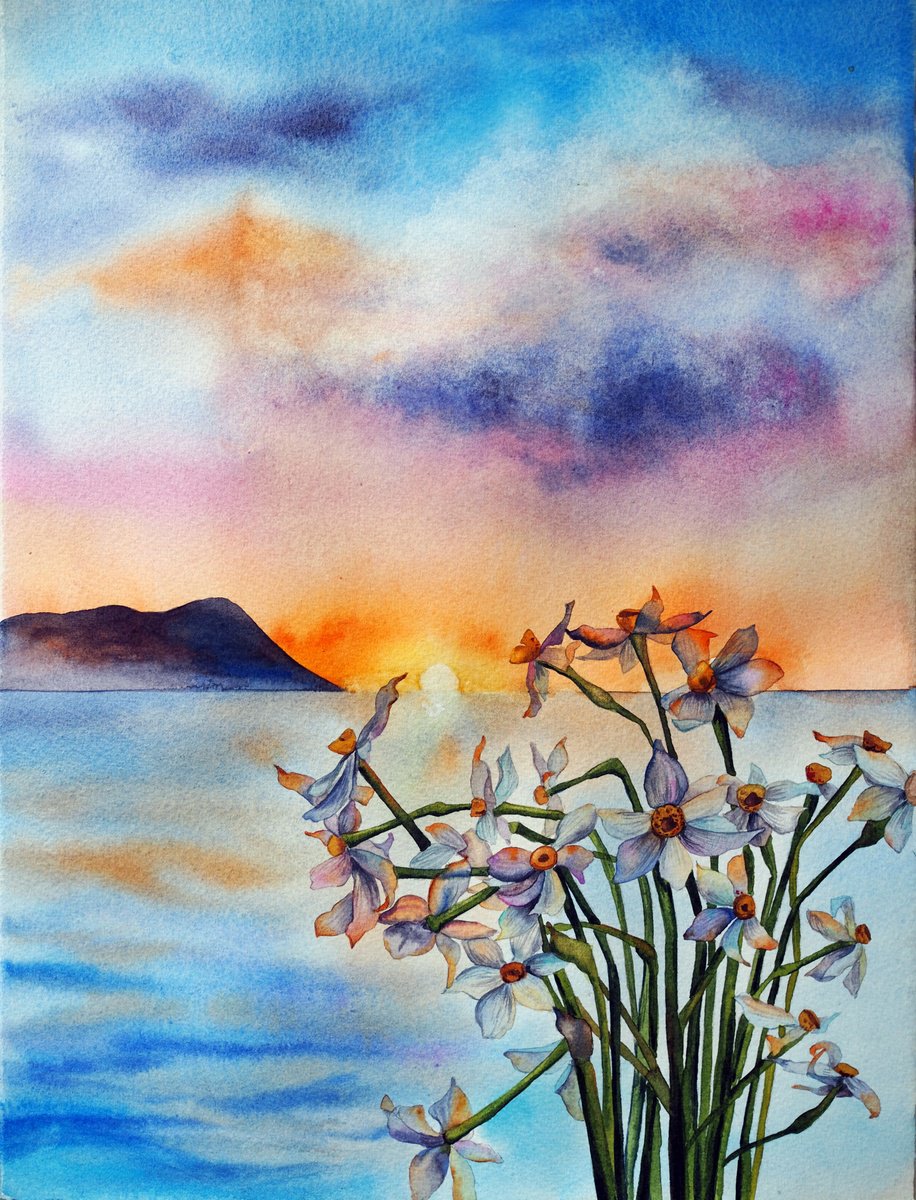 Impressionistic Landscape Watercolour By Delnara El, 11 X 15, Narcissus On Sunset, Original Artwork