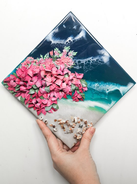 Vacation at the sea and the lush pink bushes of Bougainvillea - 3d painting on a resin seascape, 20x20x2 cm, perfect summer gift.