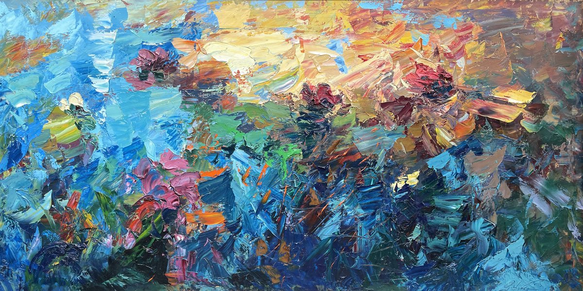 Expressive Botanical Oil Painting By Agostino Veroni, 80 X 40, Water Lilies - Large Modern Floral Art, Original Artwork