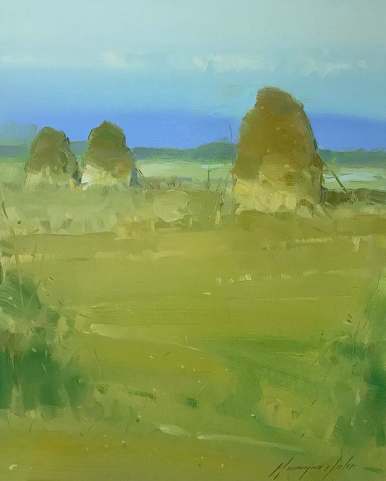 Stacks, Landscape oil painting, Handmade artwork,