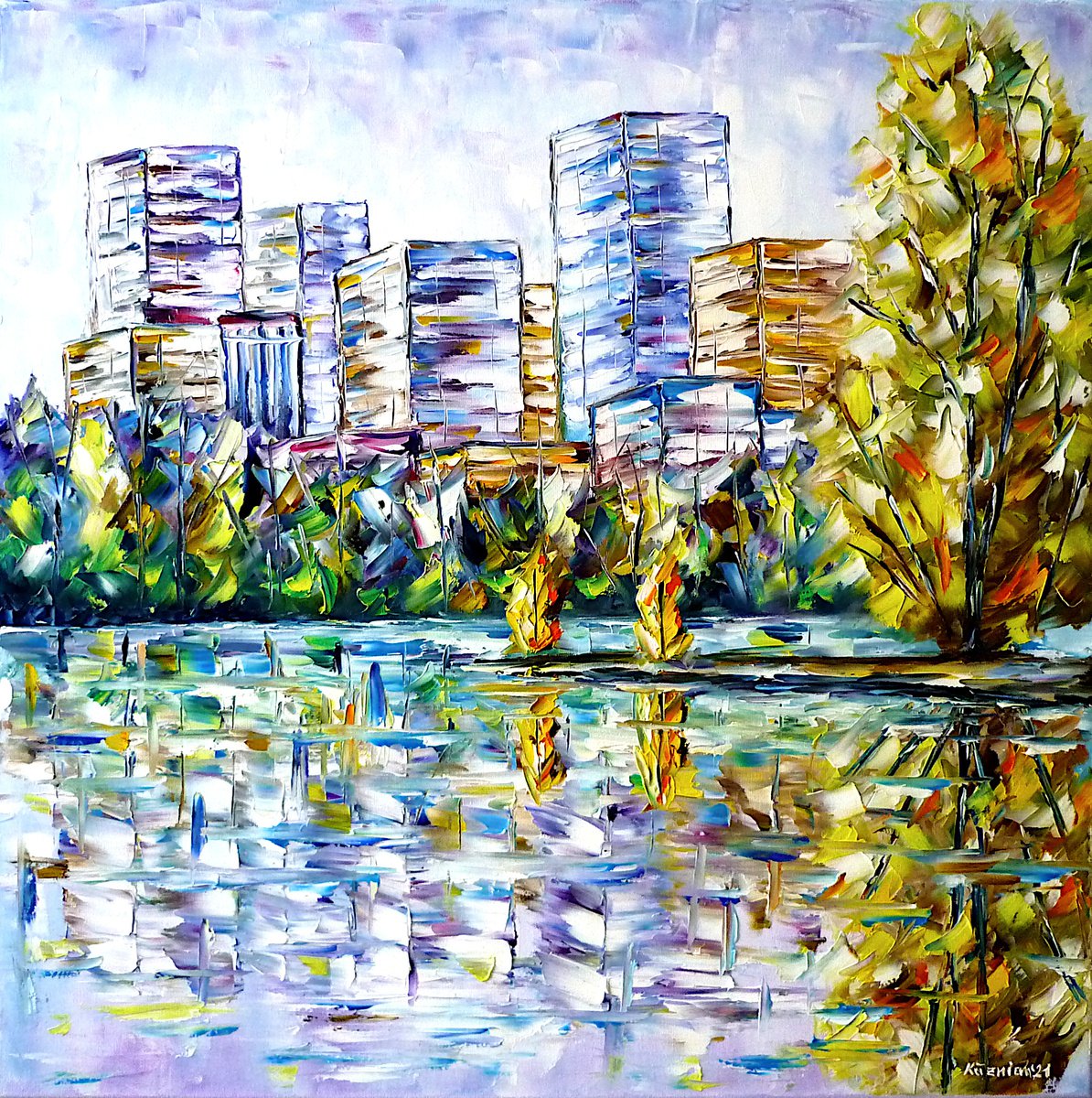 Expressive Cityscapes Oil Painting By Mirek Kuzniar, 28 X 28", Winter In New York, Original Artwork