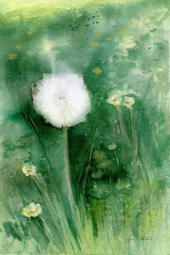 Watercolor dandelion field. 2