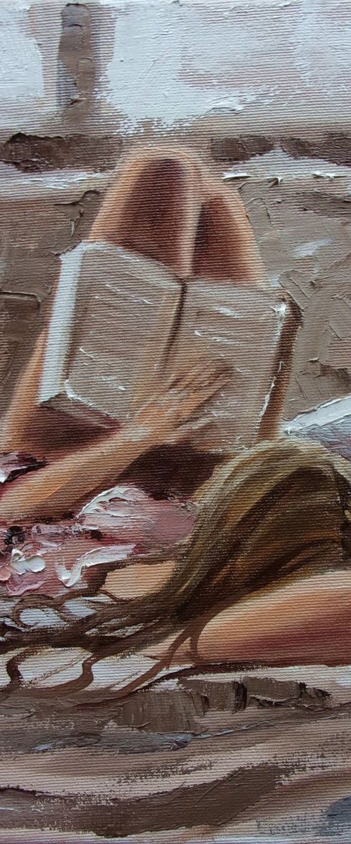 " READING IN BED " book lover original painting window autumn palette knife GIFT brown by Monika Luniak
