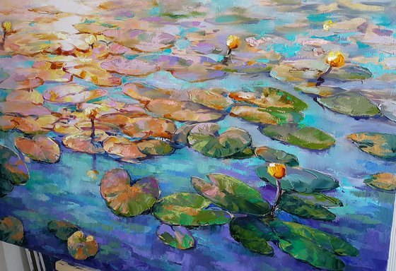 Painting - Water lilies at sunset - lily pond, original oil