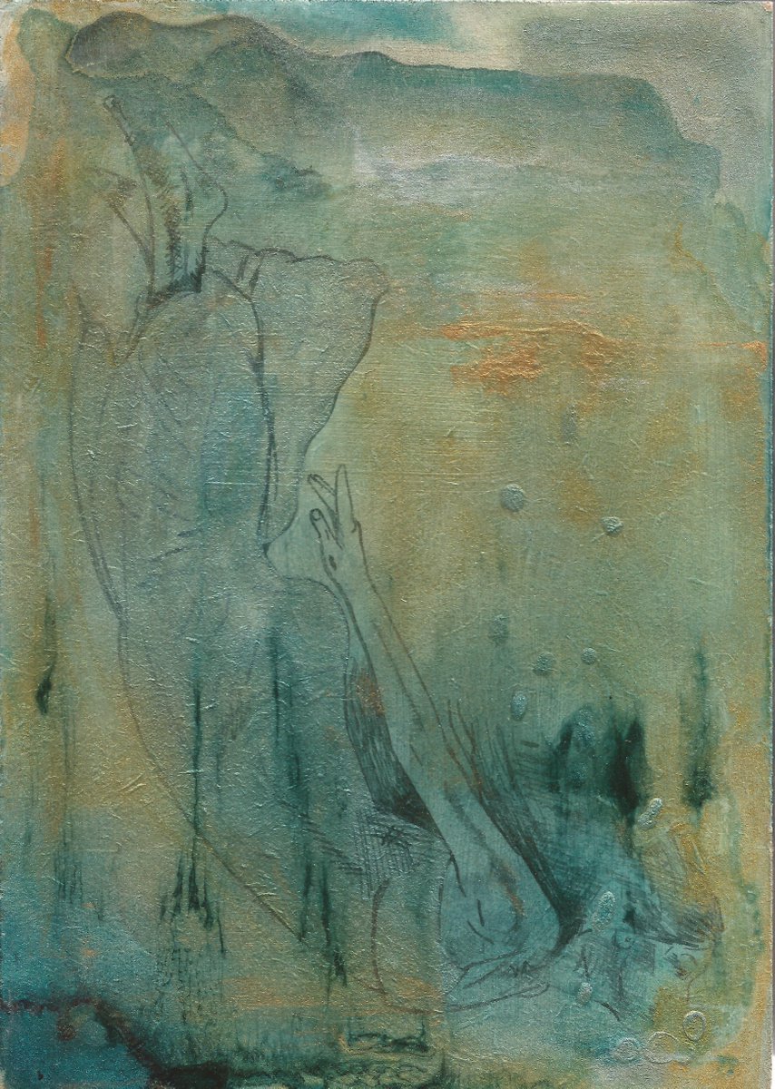 Surrender, underwater swimming woman painting, gold and teal by Dianne Bowell