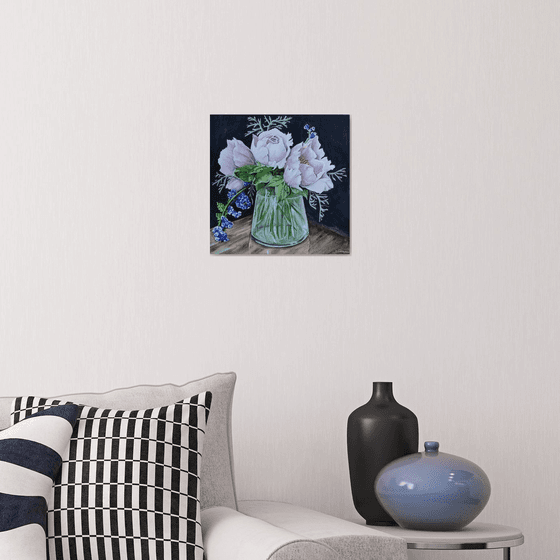 Peonies in glass vase. Watercolor painting by Svetlana Vorobyeva