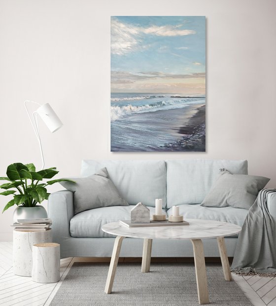 "Sea" Blue white seashore oil art