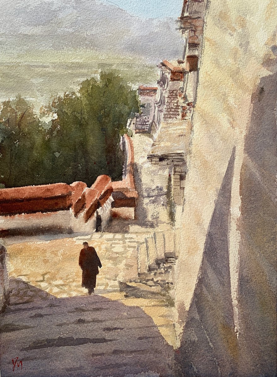 Impressionistic Cityscapes Watercolour By Shelly Du, 10 X 14", Tibet Sun, Original Artwork