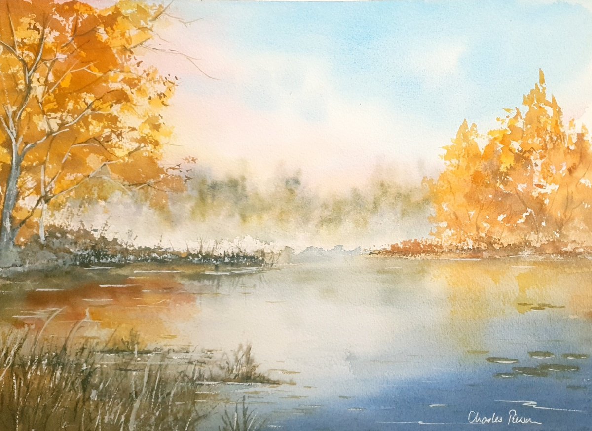 Impressionistic Watercolour , Autumn Lake Reflections By Charles Pierson, 15 X 11, Artwork For Sale On Artfinder