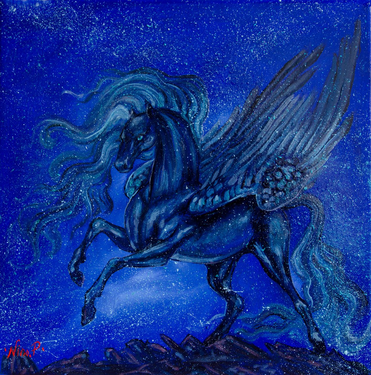 Cartoon Animal Oil Painting By Nino Ponditerra, 8 X 8", Indigo Pegasus, Original Artwork