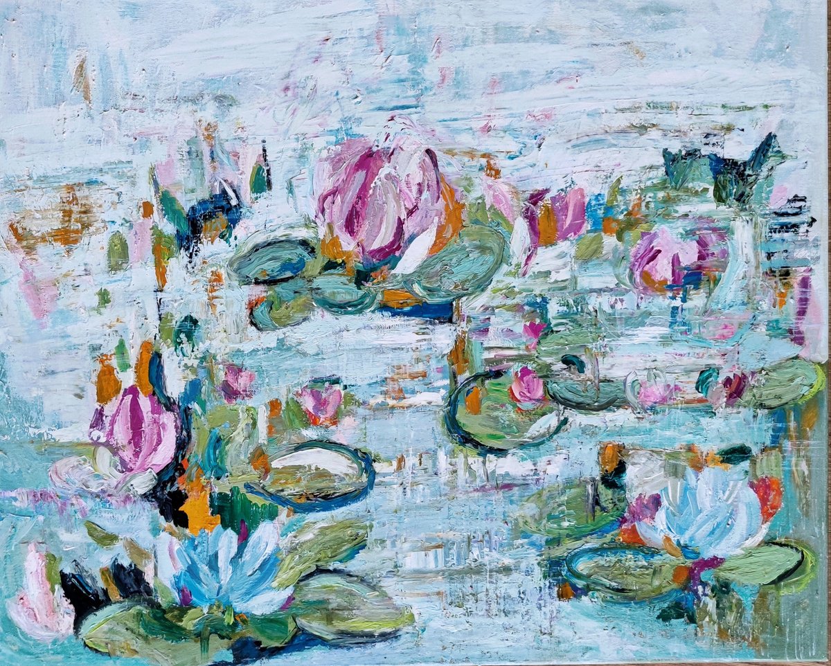 Impressionistic Botanical Oil Painting By Chrissy Guest, 30 X 24, Lillies Of The Water, Original Artwork