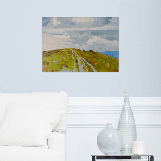 Mountain Landscape, Сows, Impressionist Art, Original Oil Painting