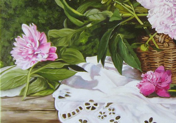 Basket of Pink Peonies