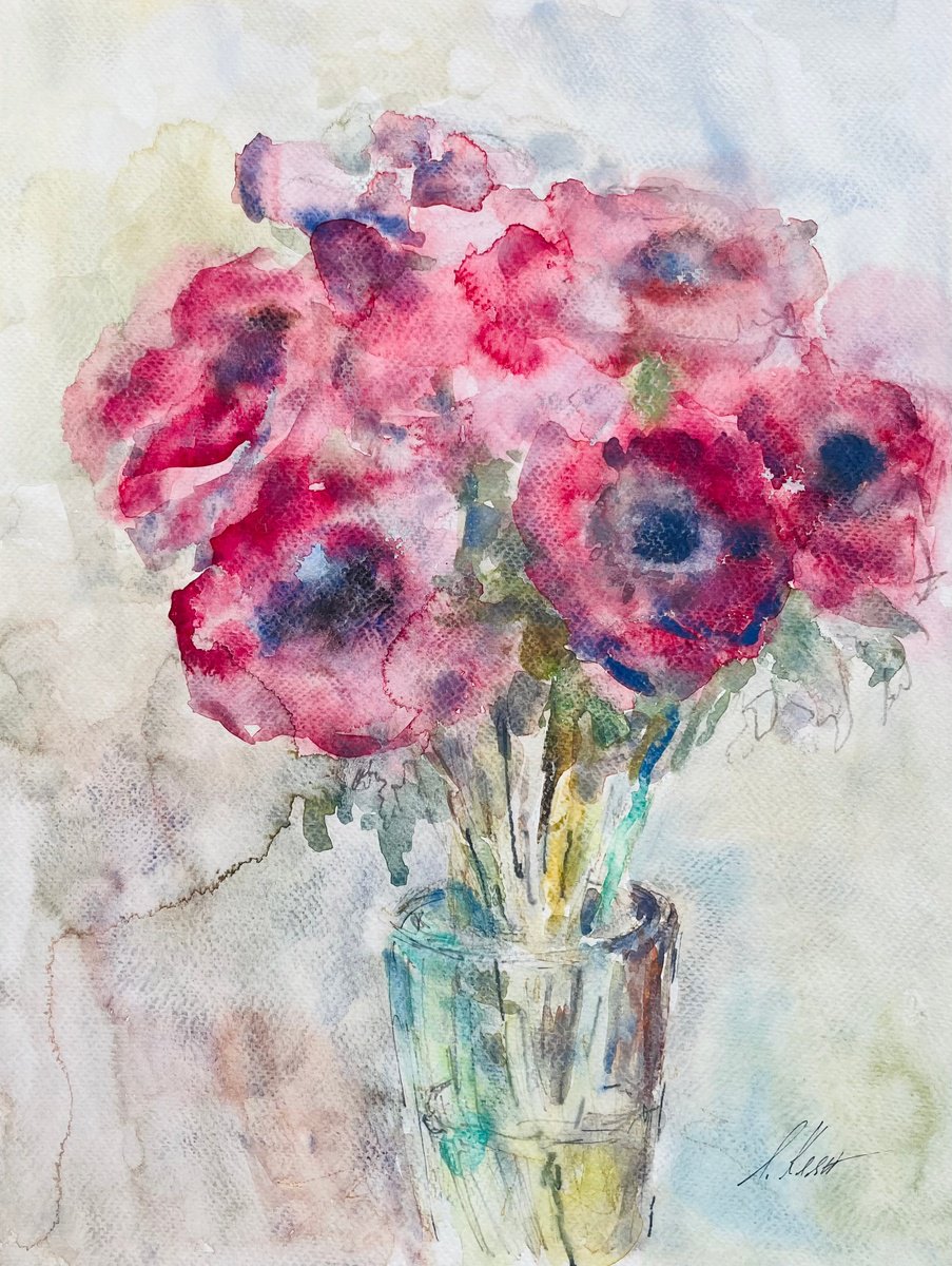 Impressionistic Still Life Watercolour By Elena Klyan, 12 X 16, Anemones 1, Original Artwork