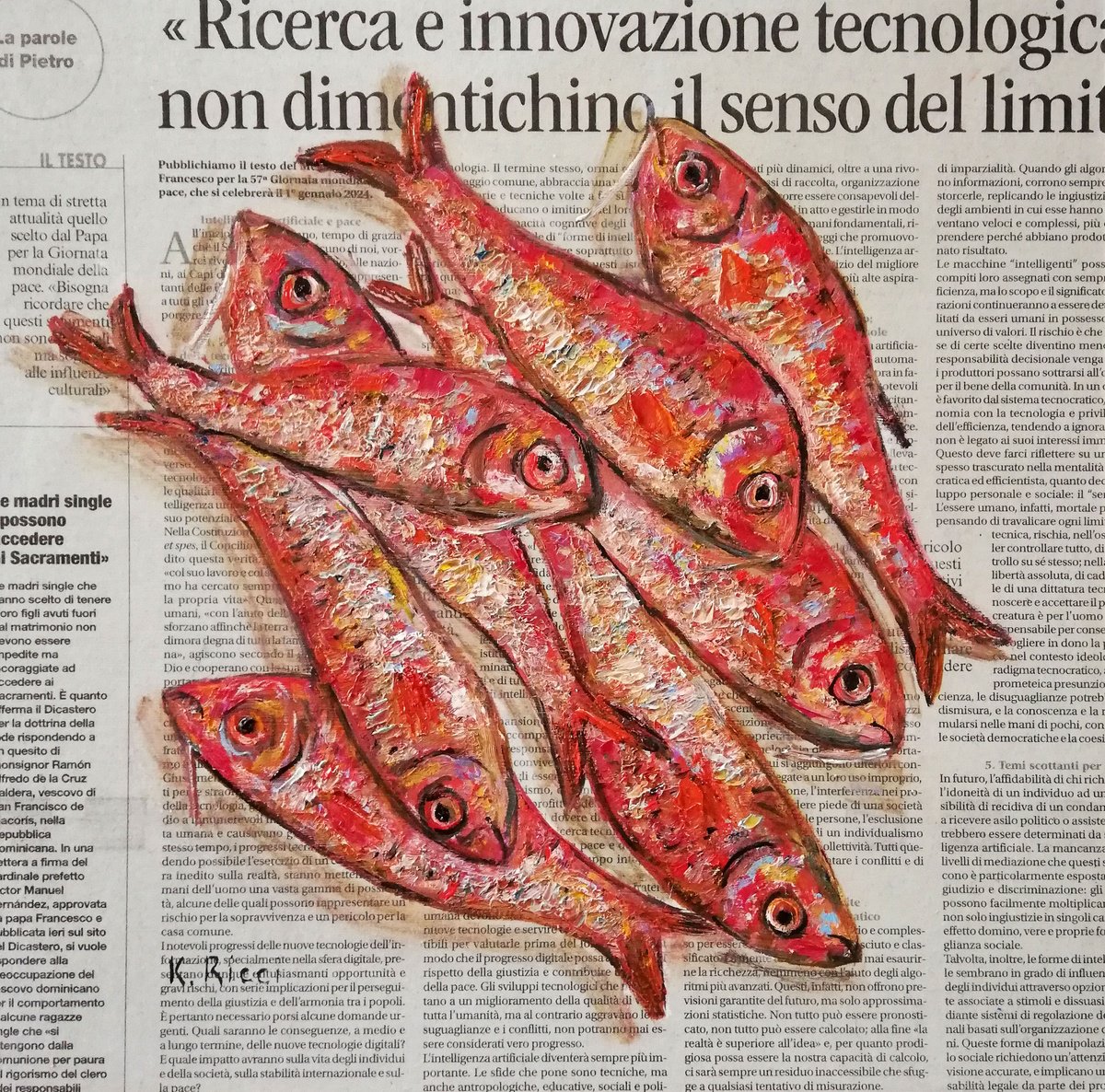 Red Fishes on Newspaper by Katia Ricci